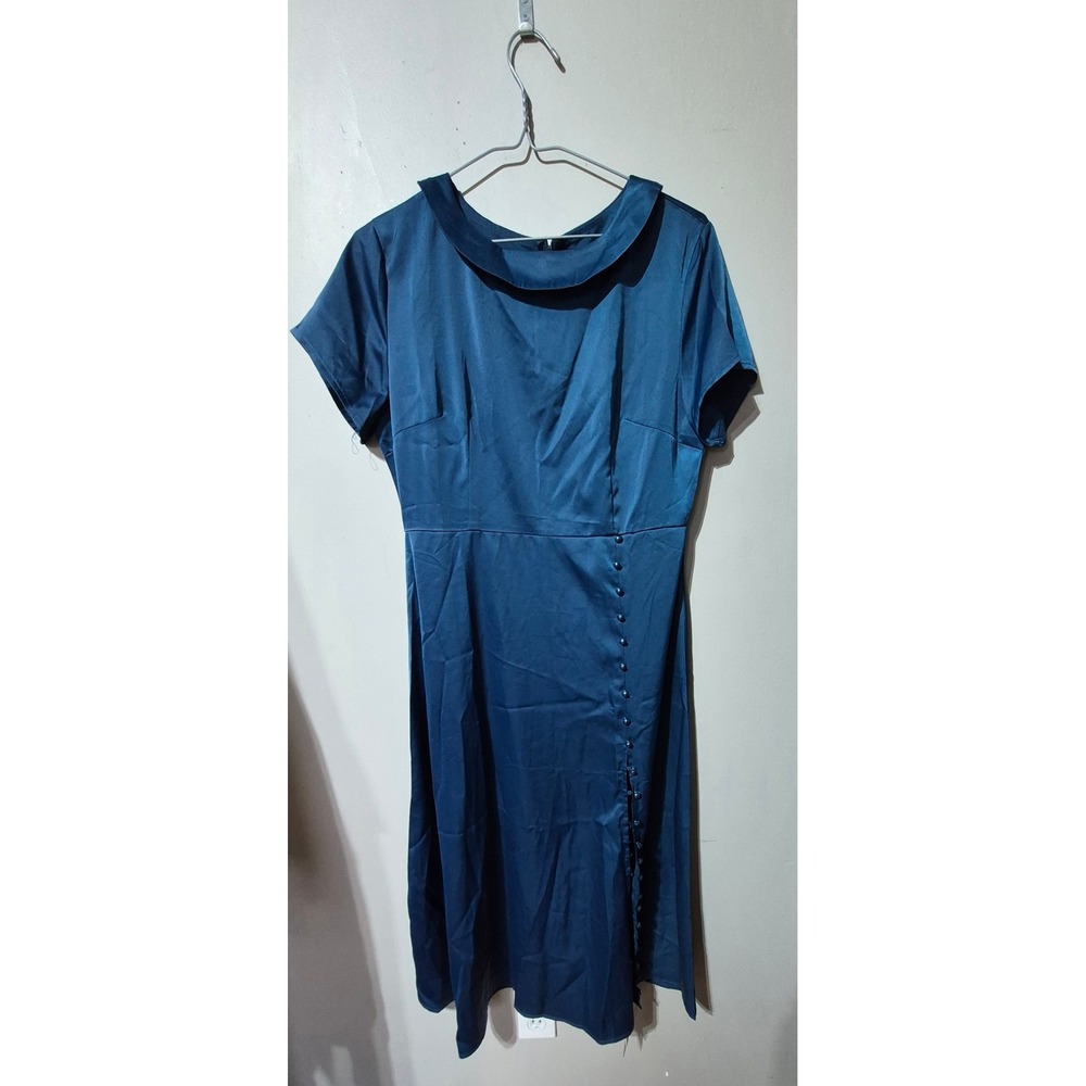 Retro Stage Teal Blue Satin Midi Dress Vintage Style Side Button Slit Large